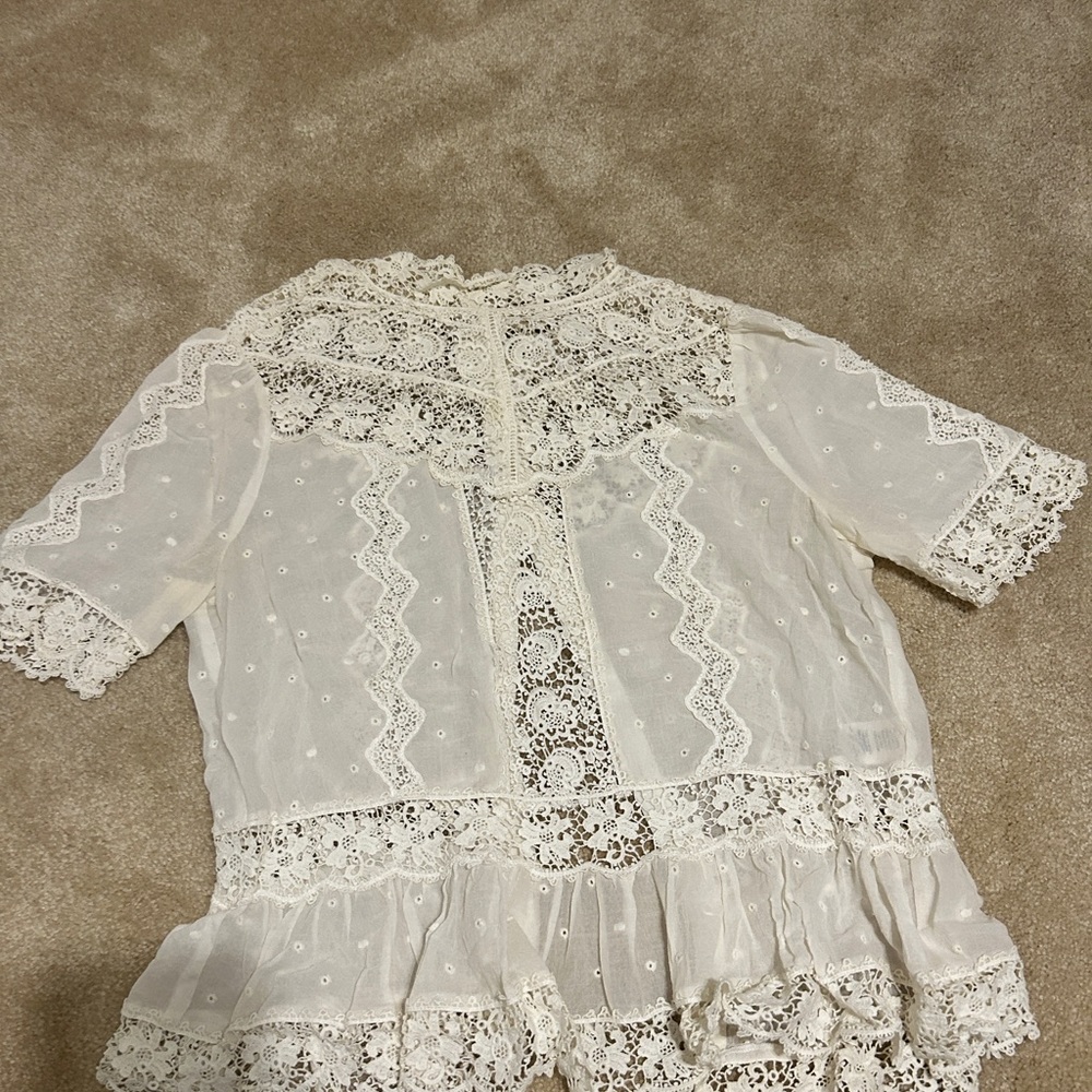 Sheer white chiffon button up blouse with mother of pearl buttons and lace inset - Picture 1 of 7